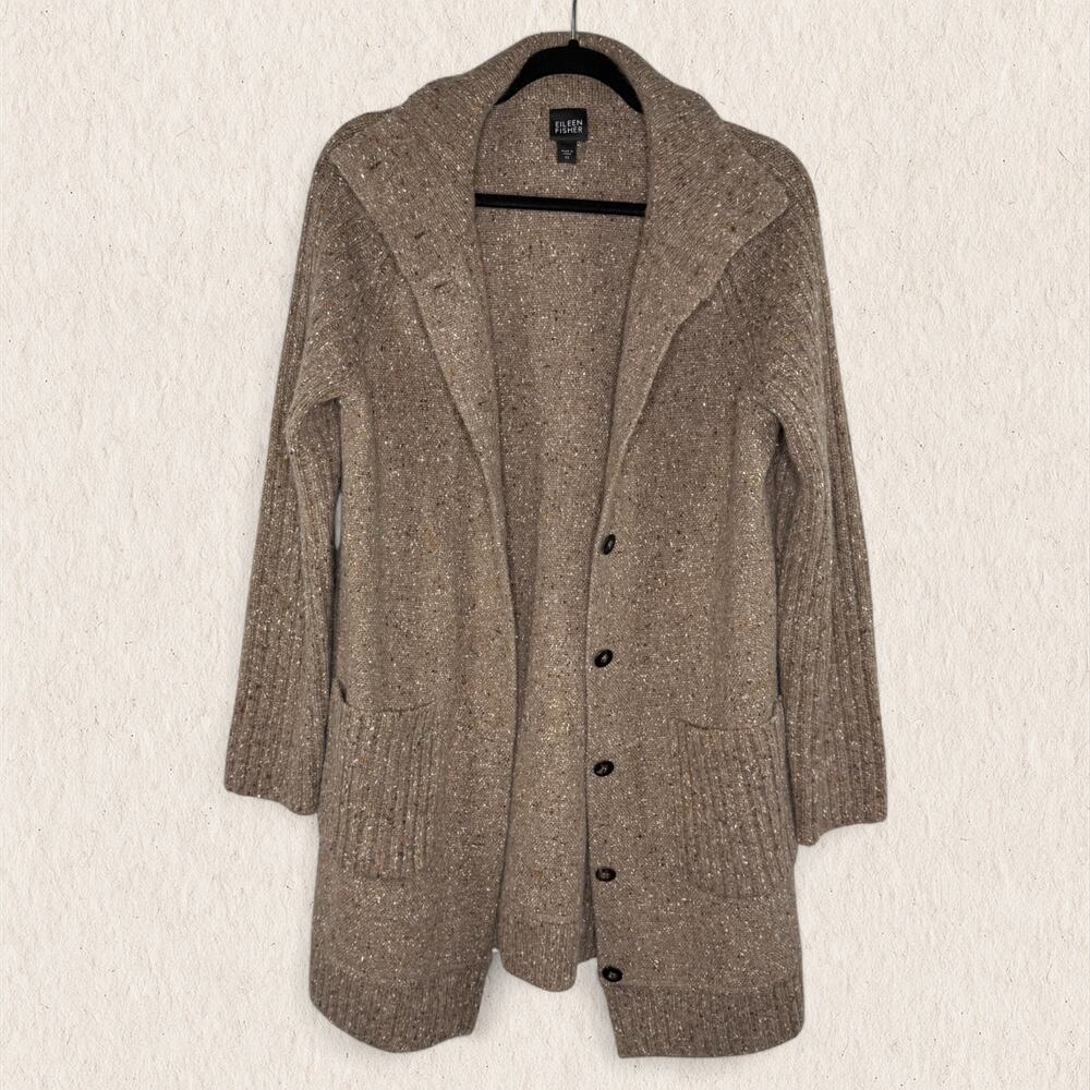 Eileen Fisher Taupe Speckled Hooded Button-Front Wool Cardigan